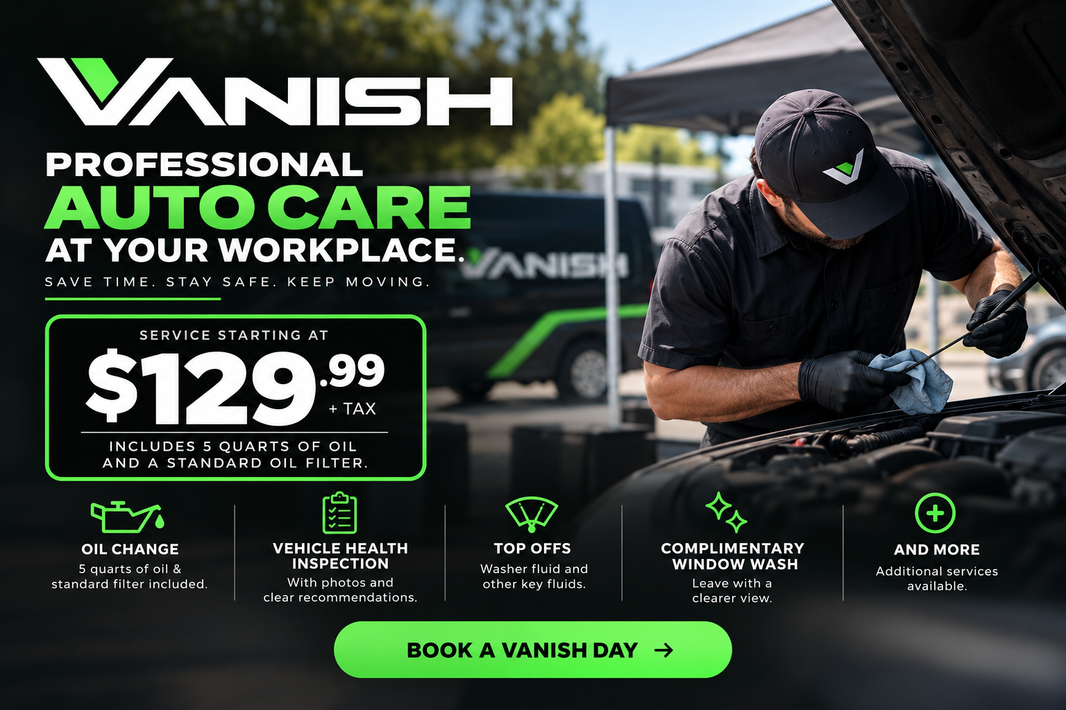 Vanish Auto Care — professional auto care at your workplace. Service starting at $129.99 plus tax.